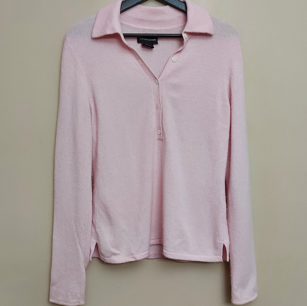 Sutton Studio Light Pink Collared Long-Sleeve Knit Sweater